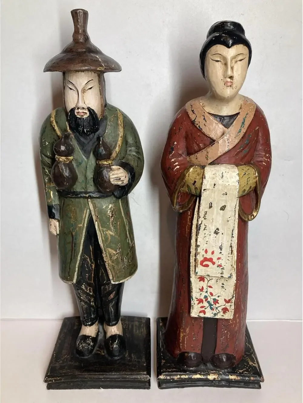 Vintage 1960s Carved Wood Asian Man Woman Painted Figurines Folk Art Philippines